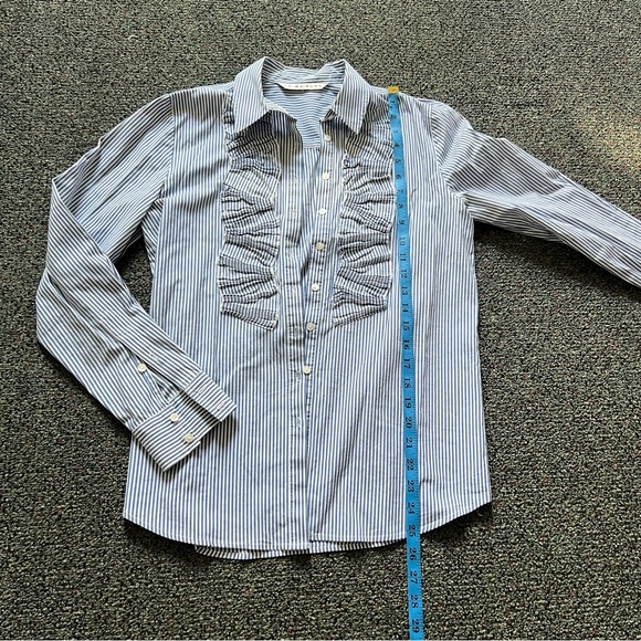 TRINA TURK Blue & White Striped Seersucker Button Down Top Shirt Ruffle Detail S - Picture 13 of 16